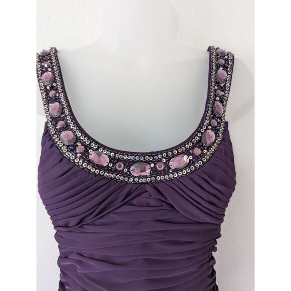 Vtg 90s Cache Size 8 Purple Bodycon Beaded Ruched Cocktail Dress Prom Event New - Picture 3 of 9
